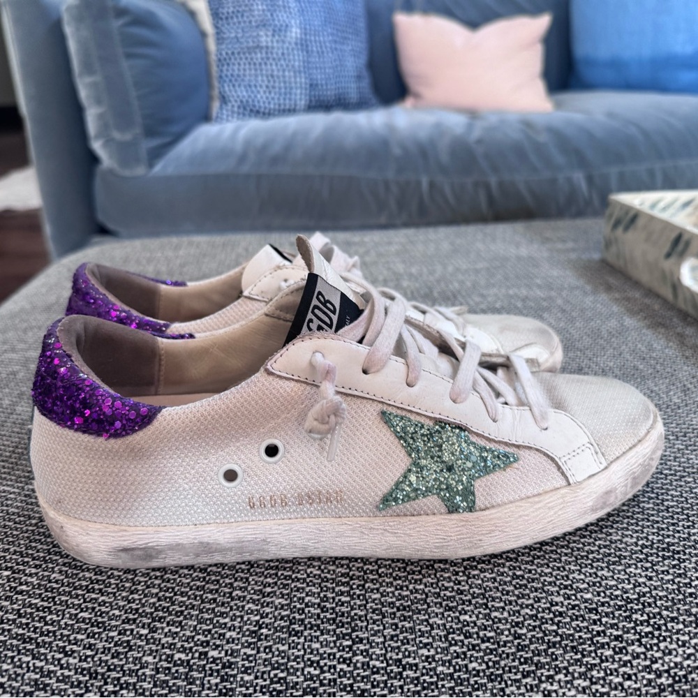 Golden Goose White Sneakers with Green and Purple Glitter